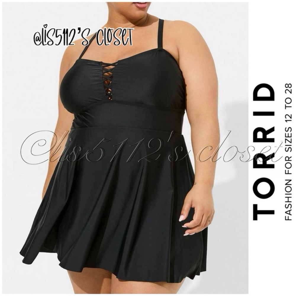 Torrid Black Lattice Front Wireless Long Babydoll Swim Dress Swimsuit 2X 18 20